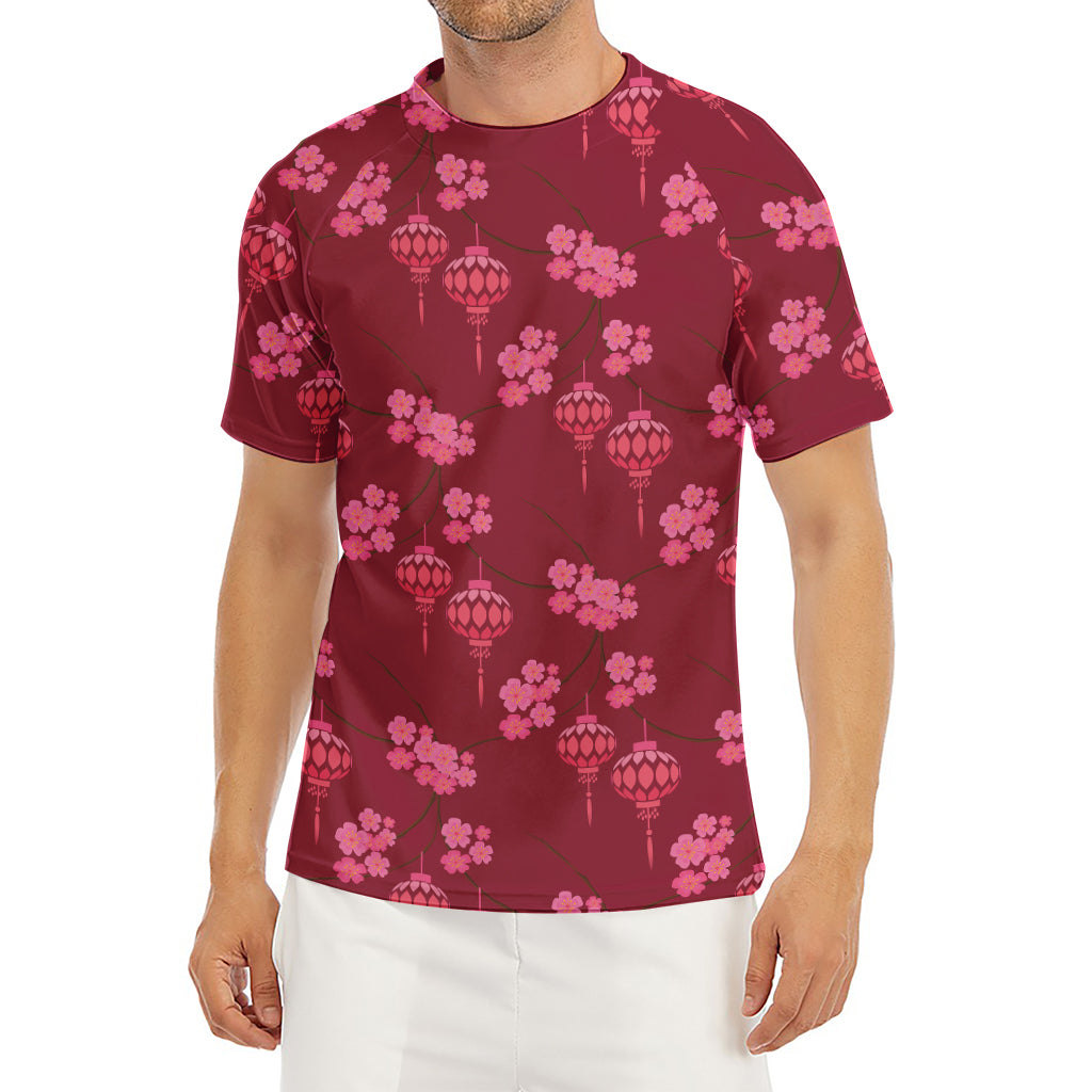 Pink Japanese Lantern Pattern Print Men's Short Sleeve Rash Guard