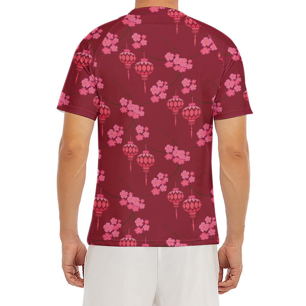 Pink Japanese Lantern Pattern Print Men's Short Sleeve Rash Guard