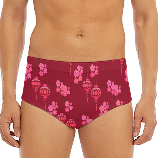 Pink Japanese Lantern Pattern Print Men's Triangle Swim Briefs