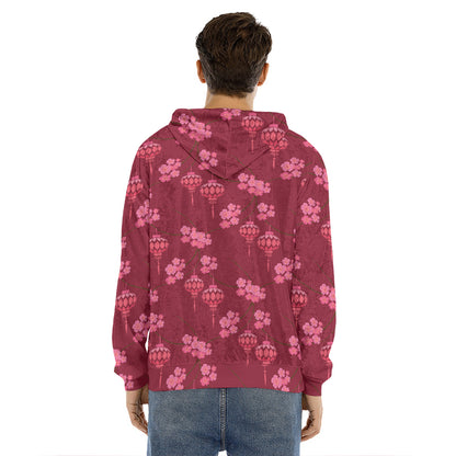 Pink Japanese Lantern Pattern Print Men's Velvet Pullover Hoodie
