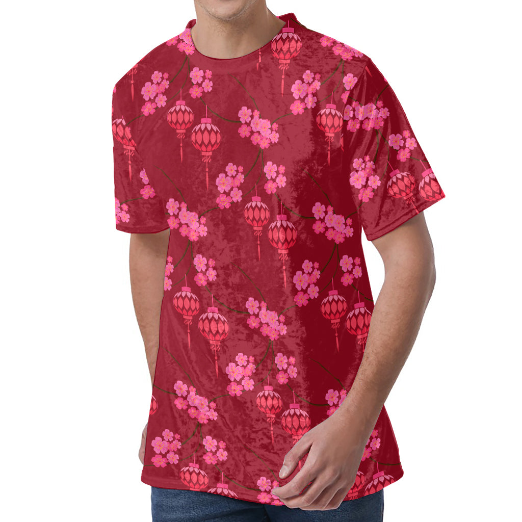 Pink Japanese Lantern Pattern Print Men's Velvet T-Shirt