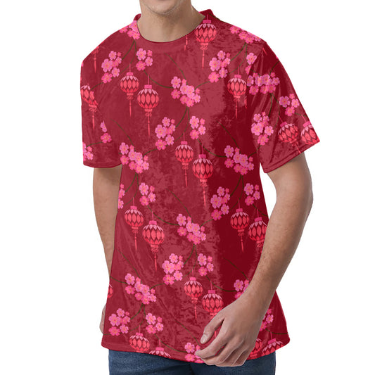 Pink Japanese Lantern Pattern Print Men's Velvet T-Shirt