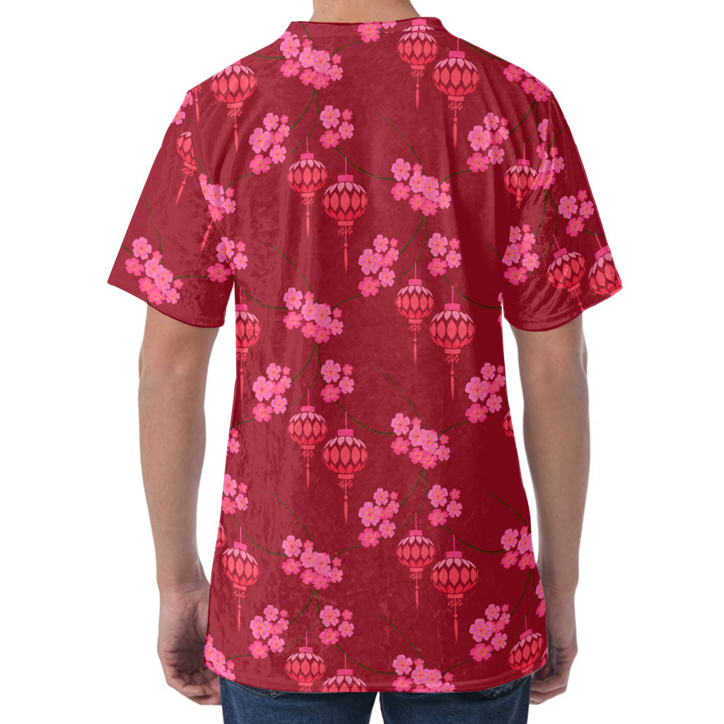 Pink Japanese Lantern Pattern Print Men's Velvet T-Shirt