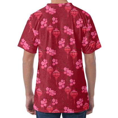 Pink Japanese Lantern Pattern Print Men's Velvet T-Shirt