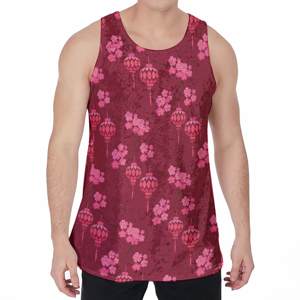 Pink Japanese Lantern Pattern Print Men's Velvet Tank Top