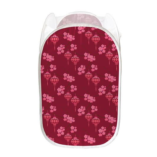 Pink Japanese Lantern Pattern Print Mesh Laundry Hamper
