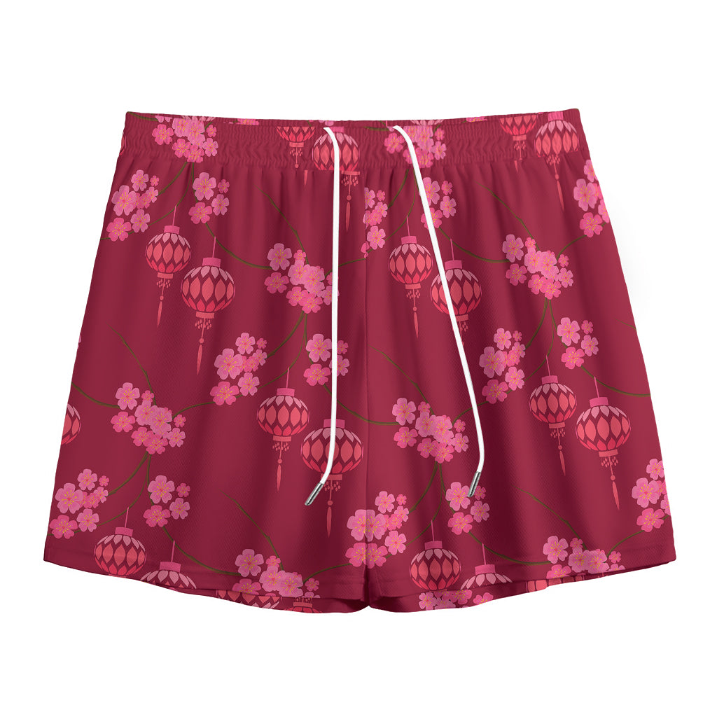 Pink Japanese Lantern Pattern Print Mesh Shorts
