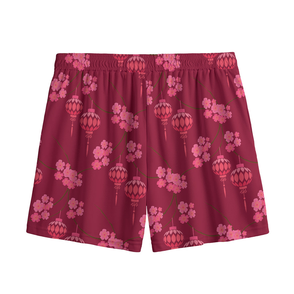 Pink Japanese Lantern Pattern Print Mesh Shorts