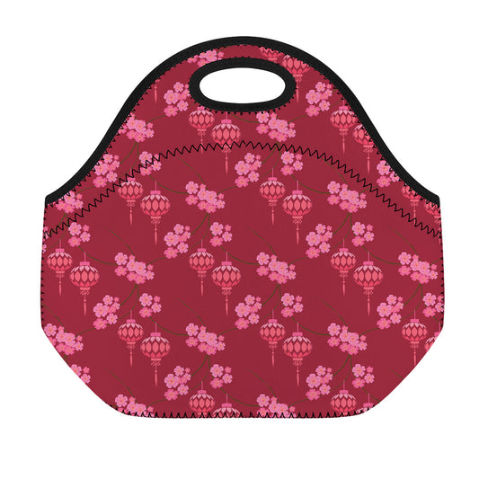 Pink Japanese Lantern Pattern Print Neoprene Lunch Bag