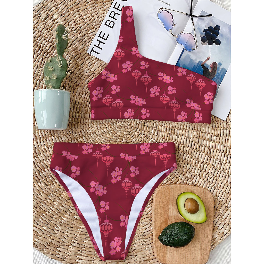 Pink Japanese Lantern Pattern Print One Shoulder Bikini Top
