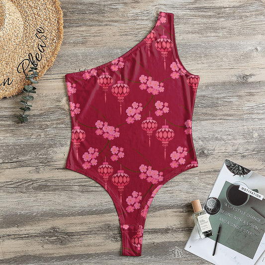 Pink Japanese Lantern Pattern Print One Shoulder Bodysuit
