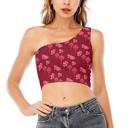Pink Japanese Lantern Pattern Print One Shoulder Crop Top