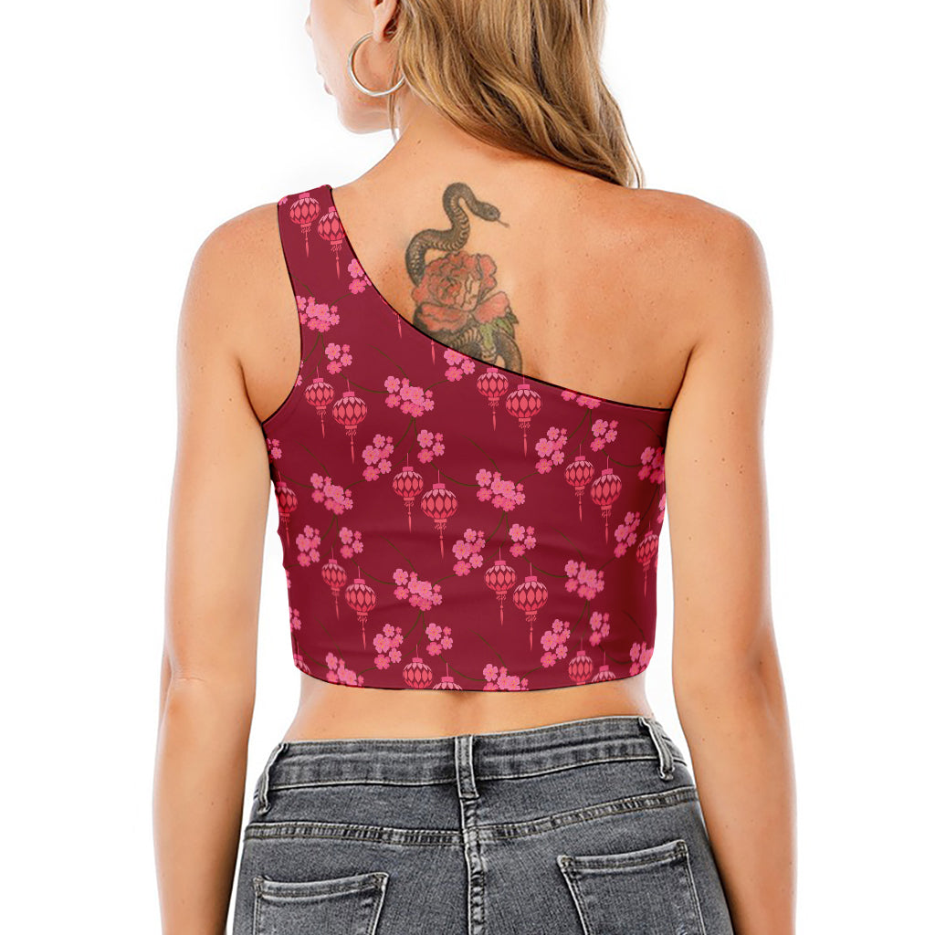 Pink Japanese Lantern Pattern Print One Shoulder Crop Top