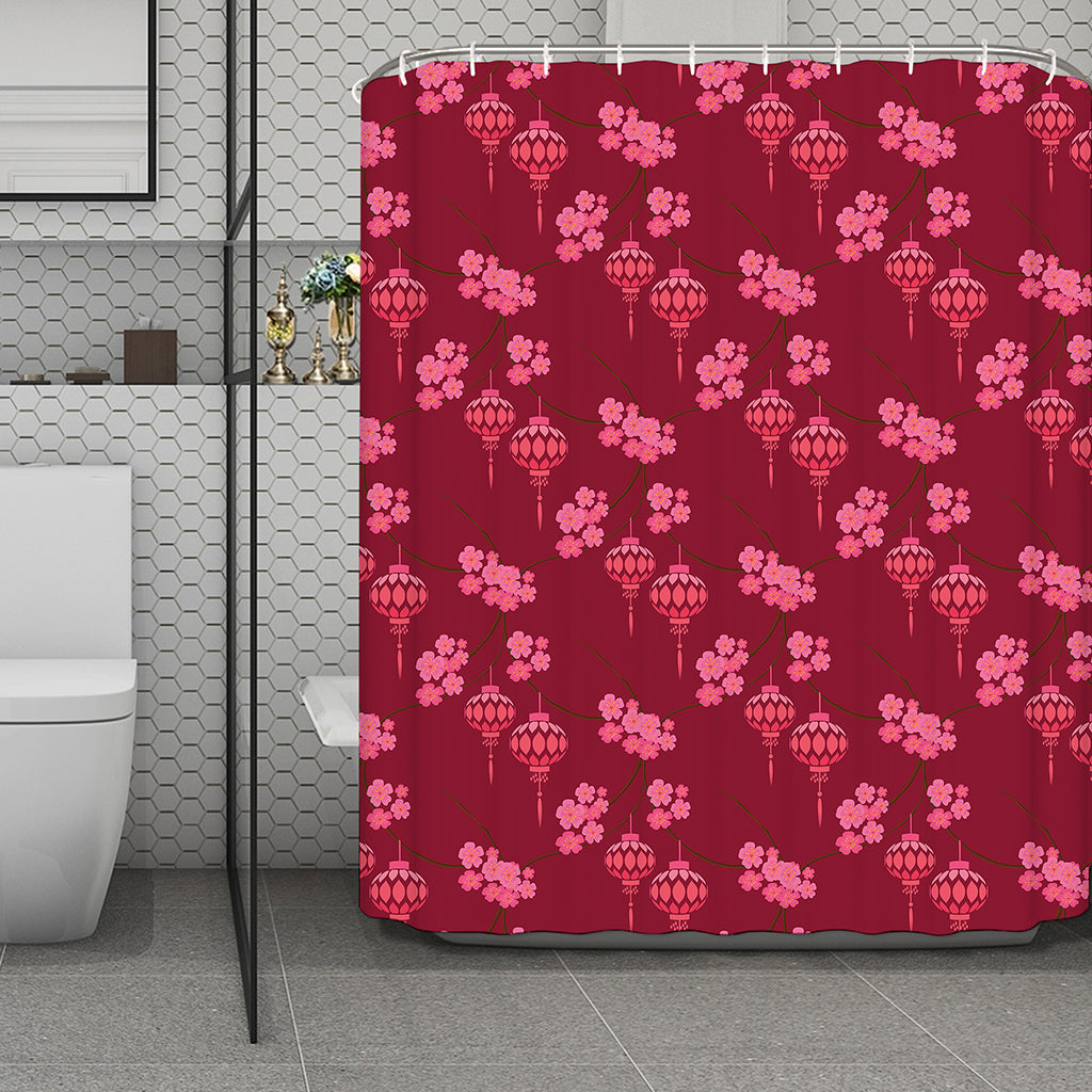 Pink Japanese Lantern Pattern Print Polyester Shower Curtain