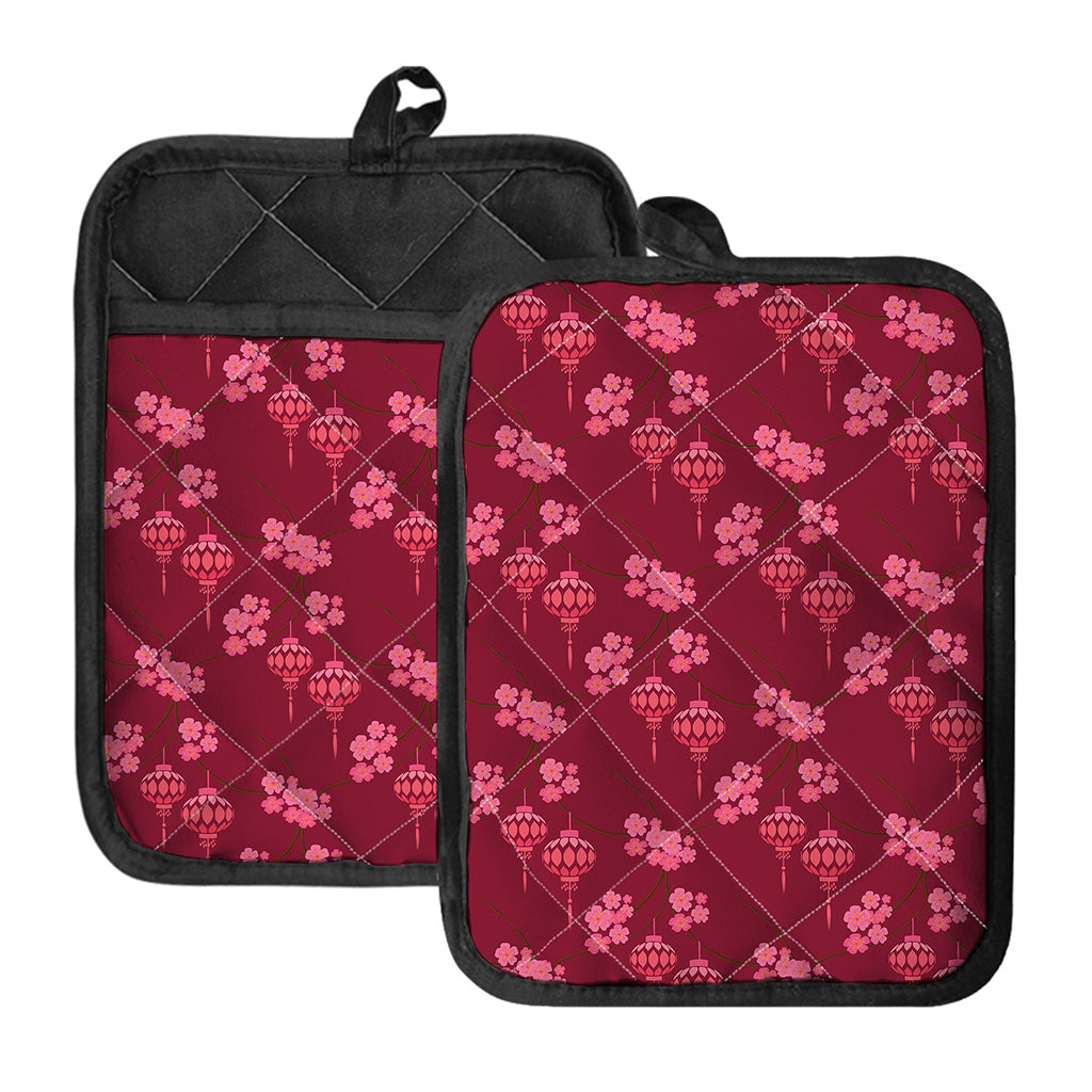 Pink Japanese Lantern Pattern Print Pot Holders With Pocket
