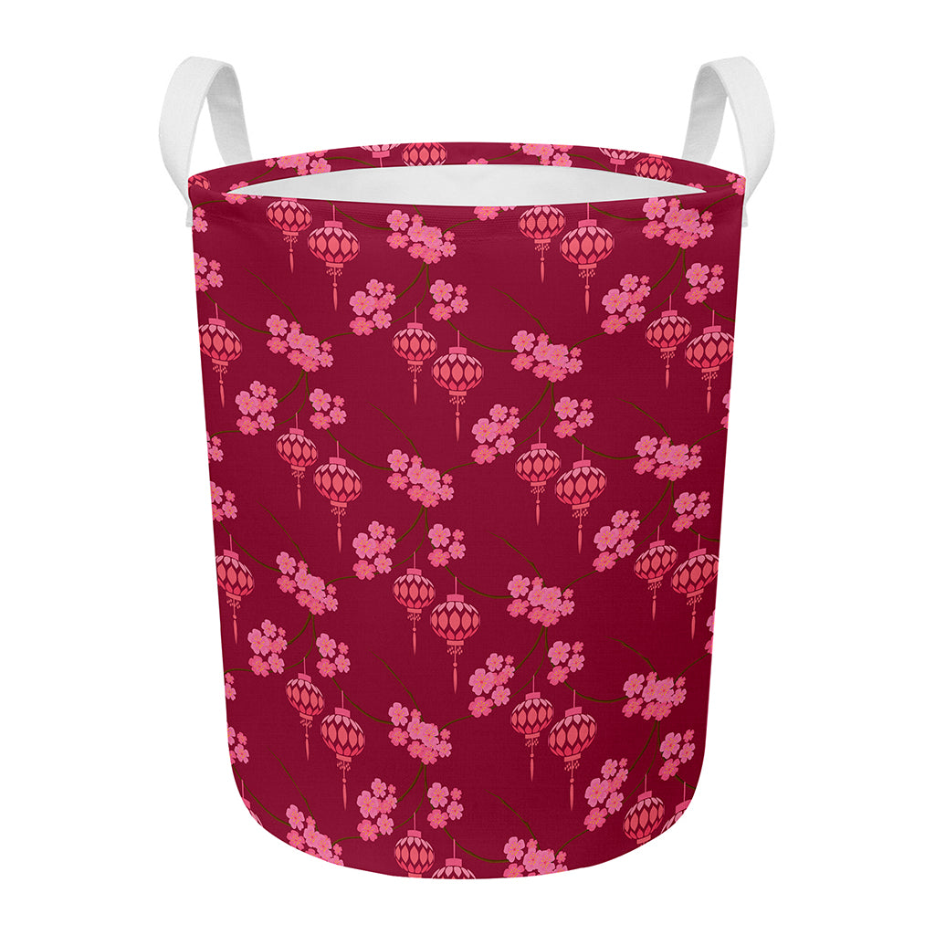 Pink Japanese Lantern Pattern Print Round Laundry Basket