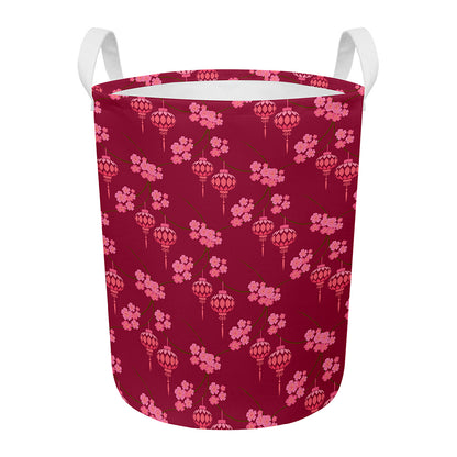 Pink Japanese Lantern Pattern Print Round Laundry Basket