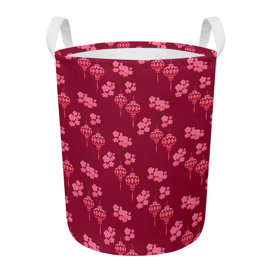 Pink Japanese Lantern Pattern Print Round Laundry Basket