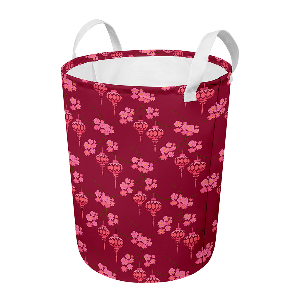 Pink Japanese Lantern Pattern Print Round Laundry Basket