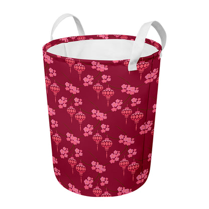 Pink Japanese Lantern Pattern Print Round Laundry Basket