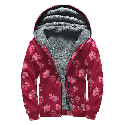 Pink Japanese Lantern Pattern Print Sherpa Lined Zip Up Hoodie