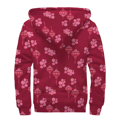 Pink Japanese Lantern Pattern Print Sherpa Lined Zip Up Hoodie