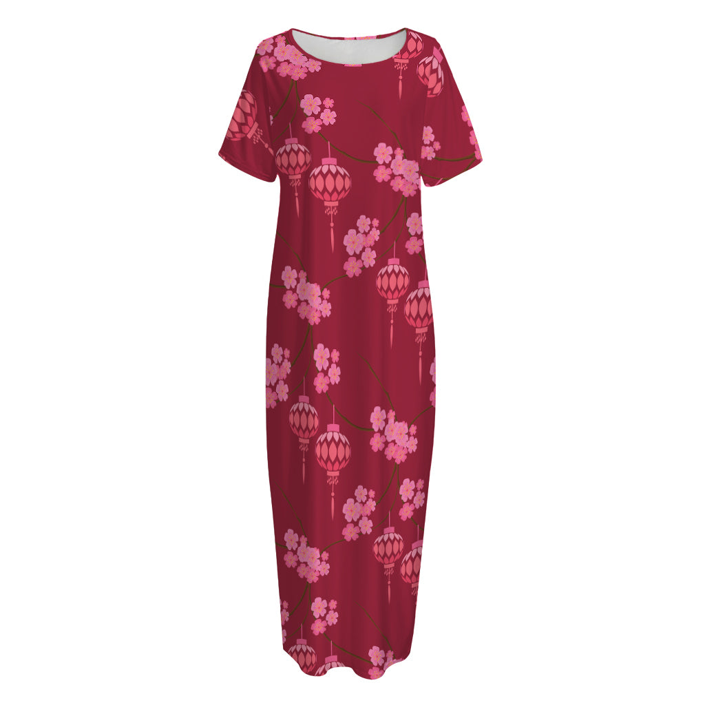 Pink Japanese Lantern Pattern Print Short Sleeve Long Nightdress