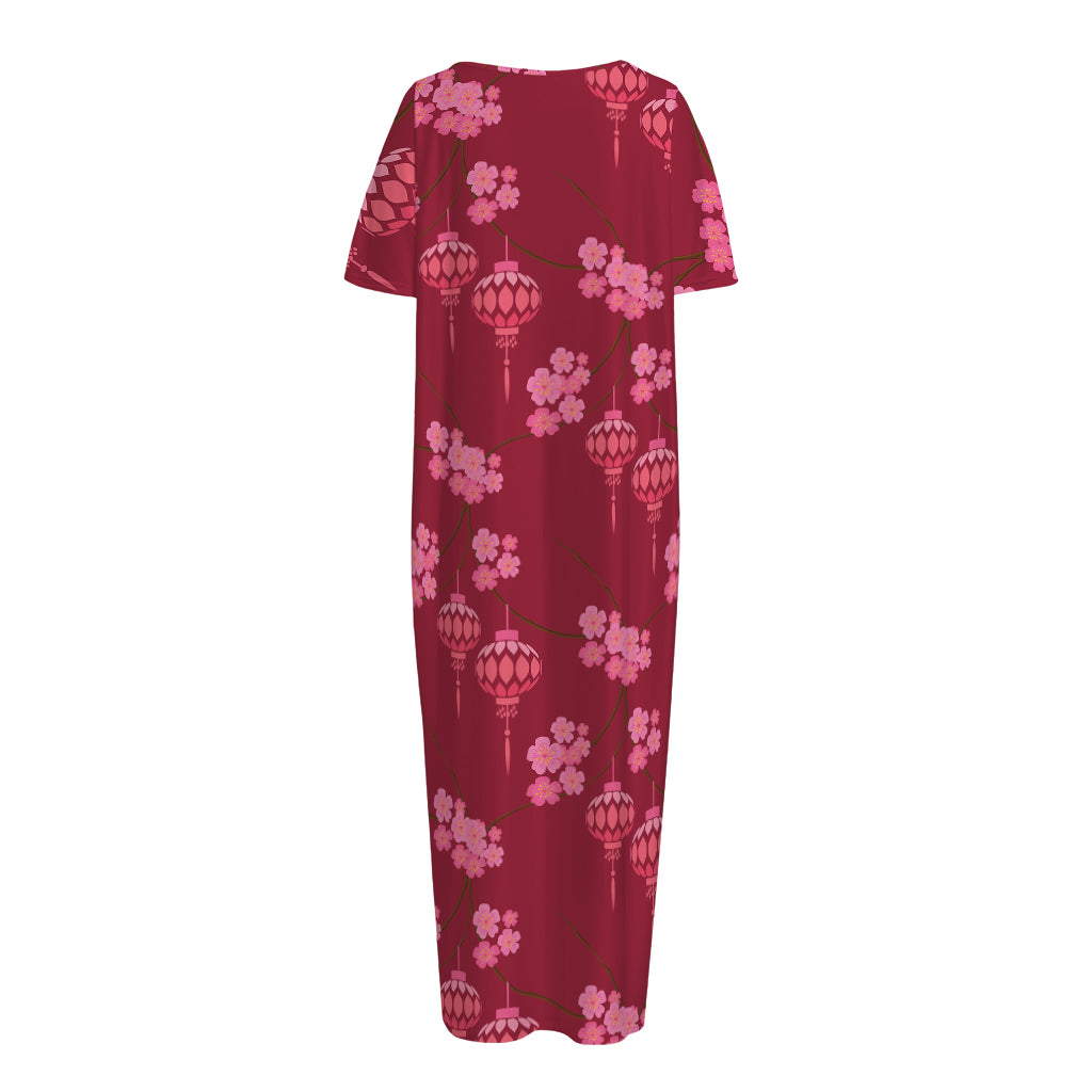 Pink Japanese Lantern Pattern Print Short Sleeve Long Nightdress