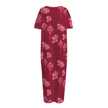 Pink Japanese Lantern Pattern Print Short Sleeve Long Nightdress