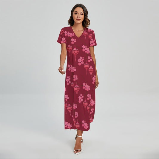 Pink Japanese Lantern Pattern Print Short Sleeve Maxi Dress