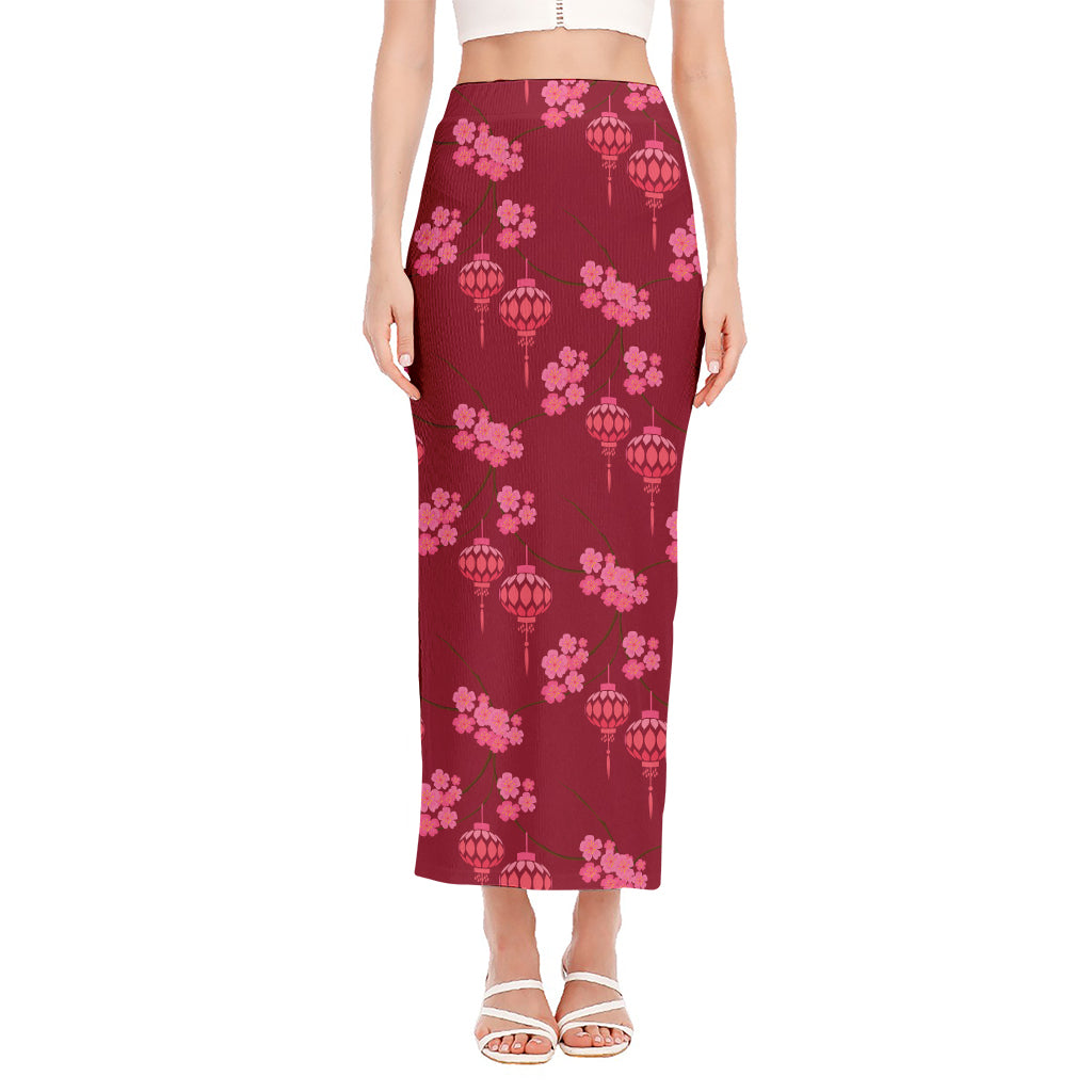 Pink Japanese Lantern Pattern Print Side Slit Maxi Skirt