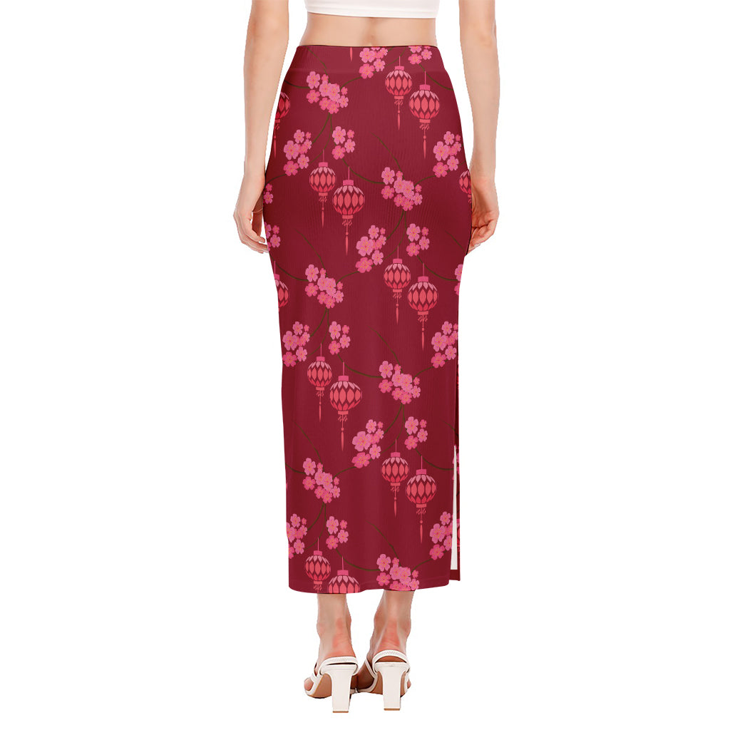 Pink Japanese Lantern Pattern Print Side Slit Maxi Skirt