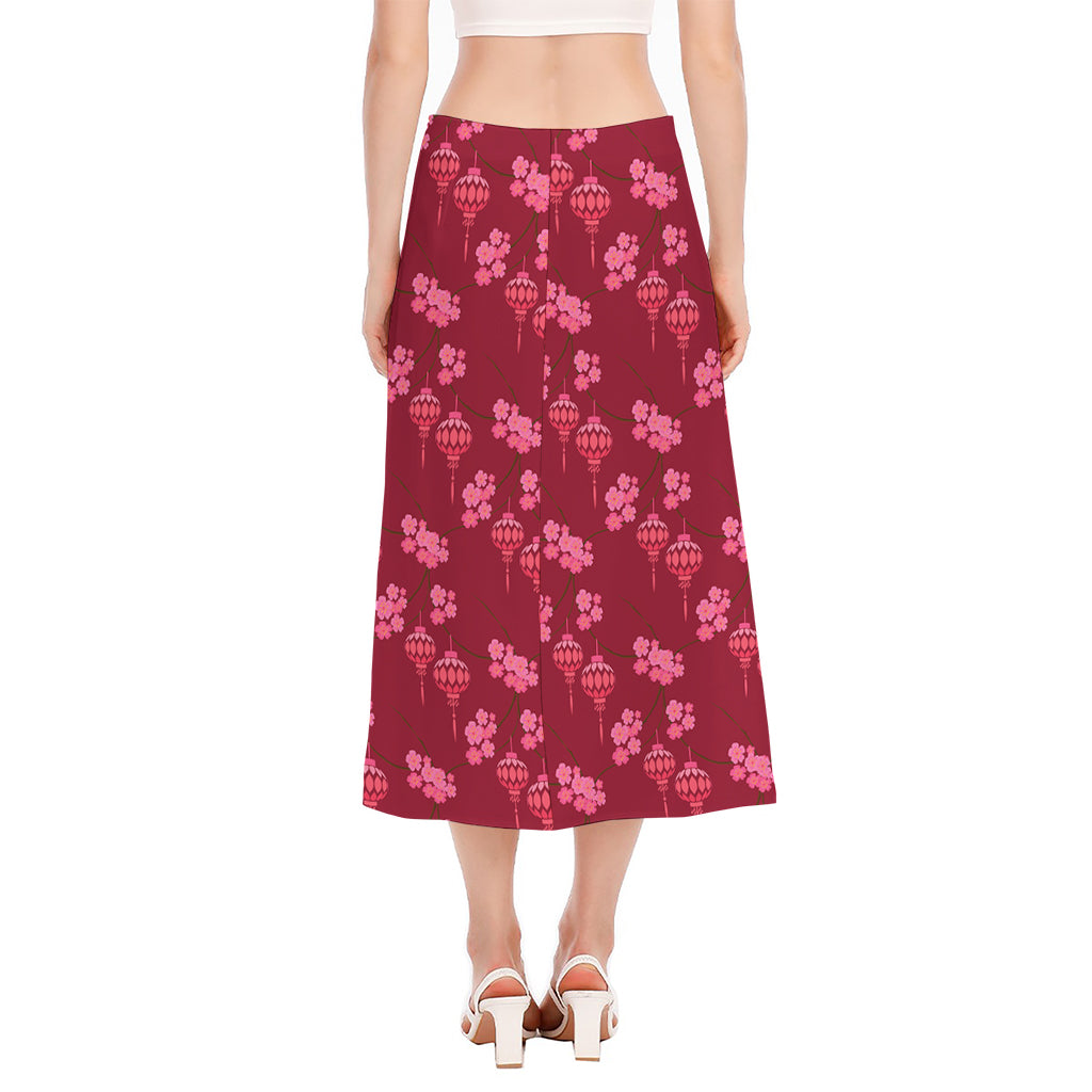 Pink Japanese Lantern Pattern Print Side Slit Midi Skirt