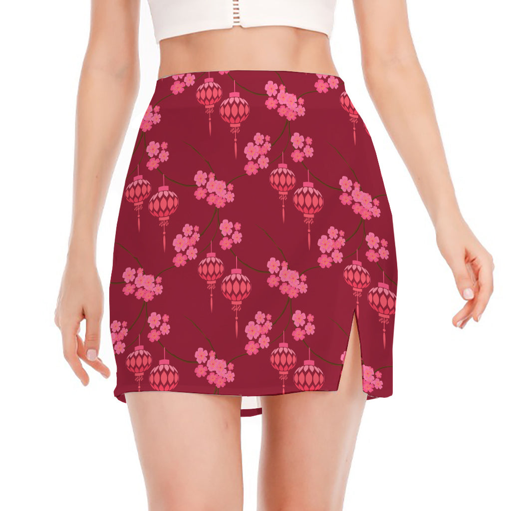 Pink Japanese Lantern Pattern Print Side Slit Mini Skirt