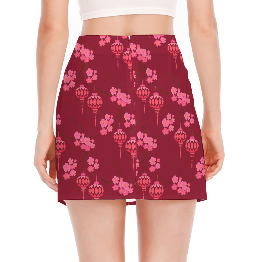 Pink Japanese Lantern Pattern Print Side Slit Mini Skirt