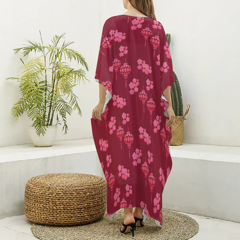 Pink Japanese Lantern Pattern Print Silk V-Neck Kaftan Dress