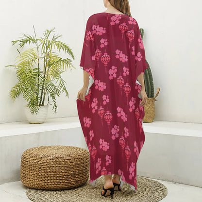 Pink Japanese Lantern Pattern Print Silk V-Neck Kaftan Dress