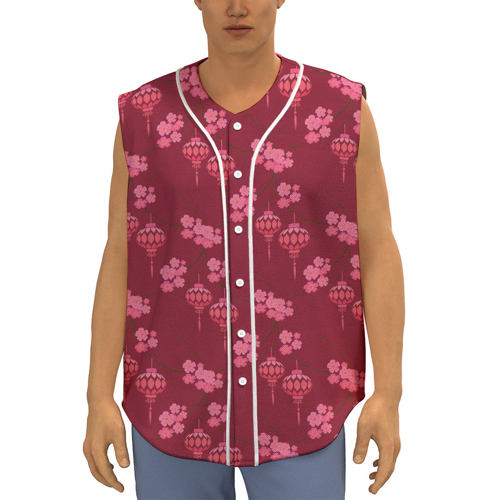 Pink Japanese Lantern Pattern Print Sleeveless Baseball Jersey