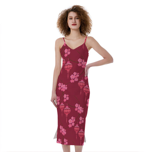 Pink Japanese Lantern Pattern Print Slim Fit Midi Cami Dress