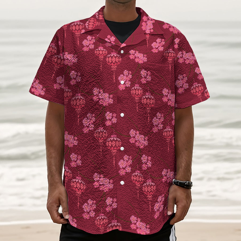 Pink Japanese Lantern Pattern Print Textured Short Sleeve Shirt