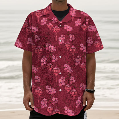 Pink Japanese Lantern Pattern Print Textured Short Sleeve Shirt