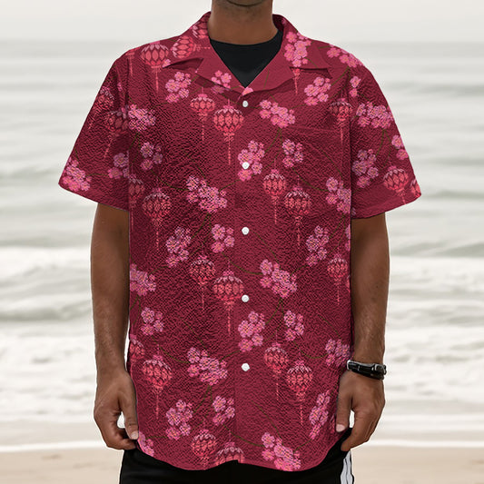 Pink Japanese Lantern Pattern Print Textured Short Sleeve Shirt