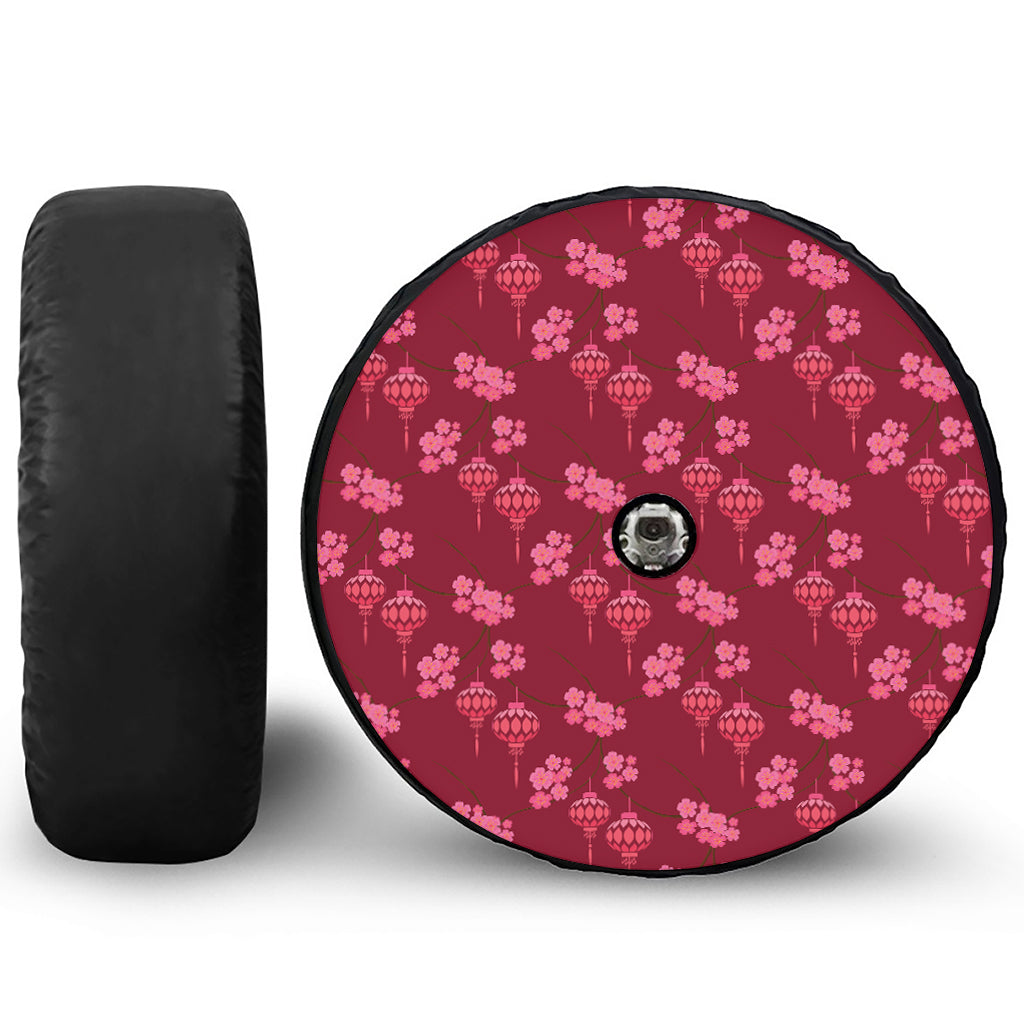 Pink Japanese Lantern Pattern Print Tire Cover With Camera Hole
