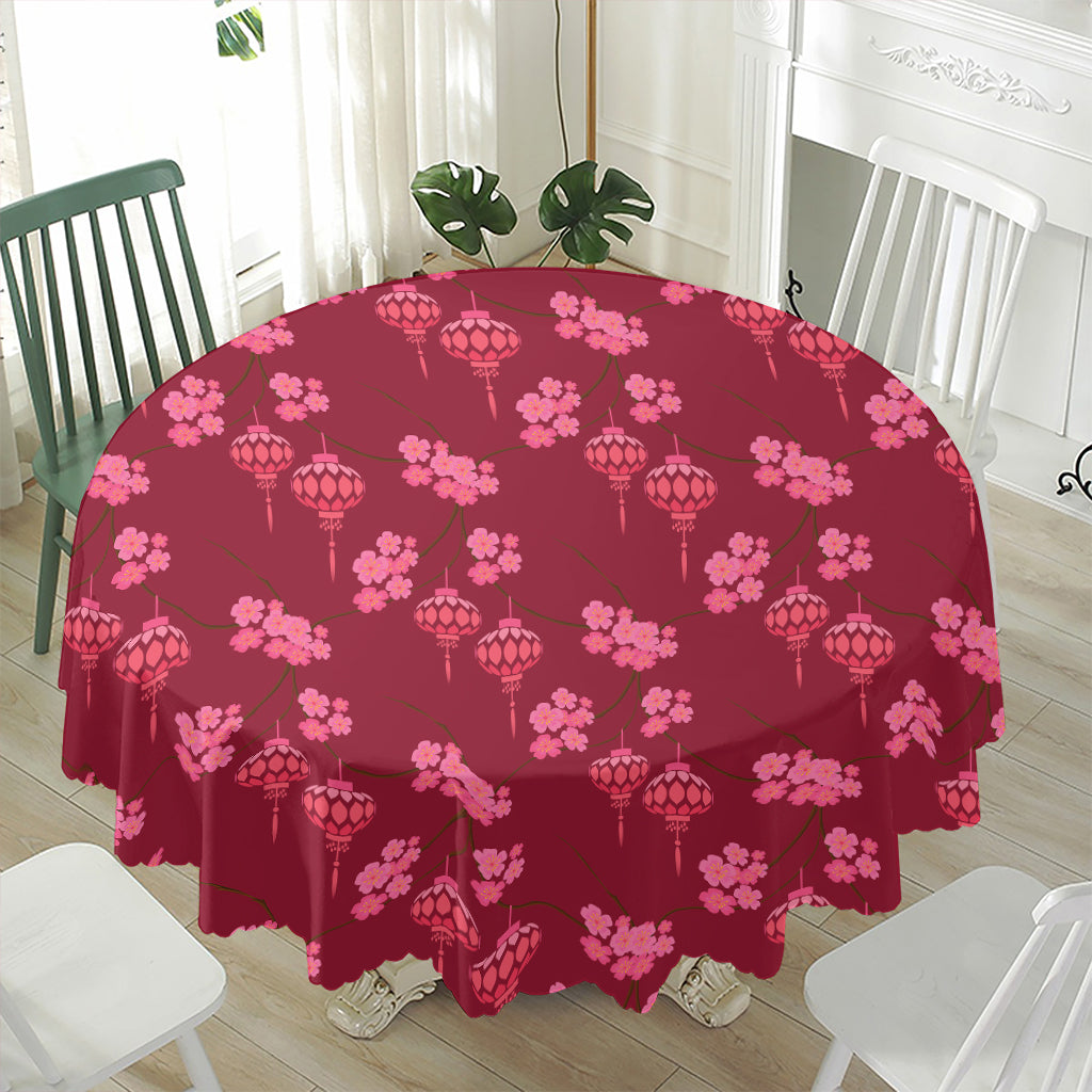 Pink Japanese Lantern Pattern Print Waterproof Round Tablecloth