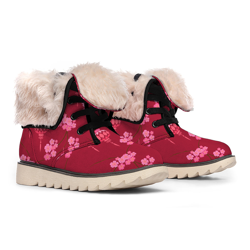 Pink Japanese Lantern Pattern Print Winter Boots