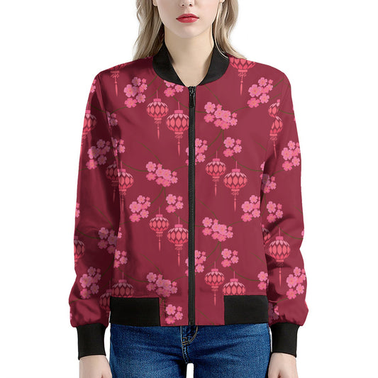 Pink Japanese Lantern Pattern Print Women's Bomber Jacket
