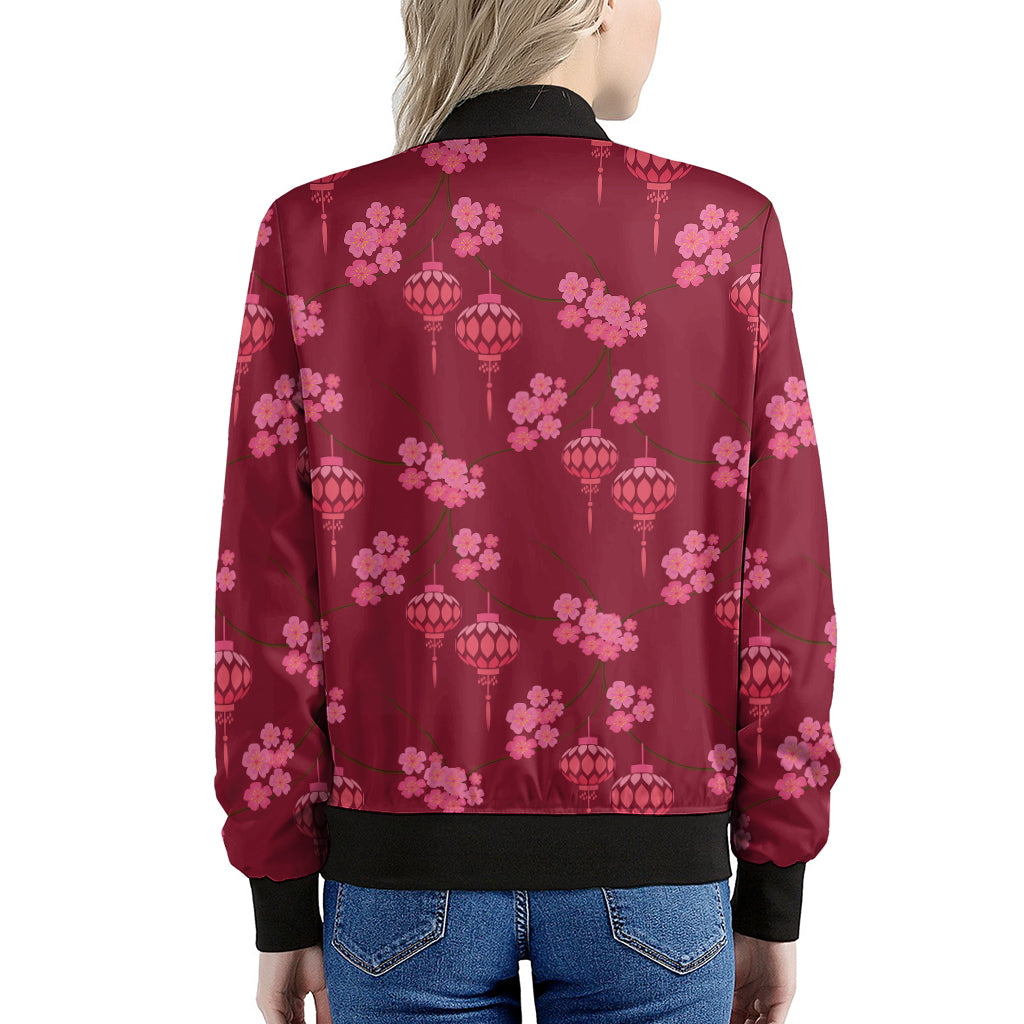 Pink Japanese Lantern Pattern Print Women's Bomber Jacket