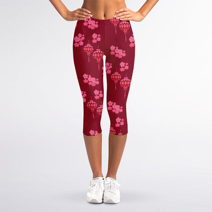 Pink Japanese Lantern Pattern Print Women's Capri Leggings