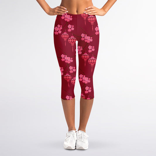 Pink Japanese Lantern Pattern Print Women's Capri Leggings