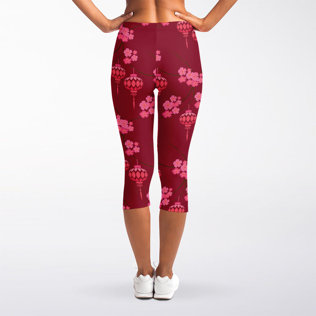 Pink Japanese Lantern Pattern Print Women's Capri Leggings